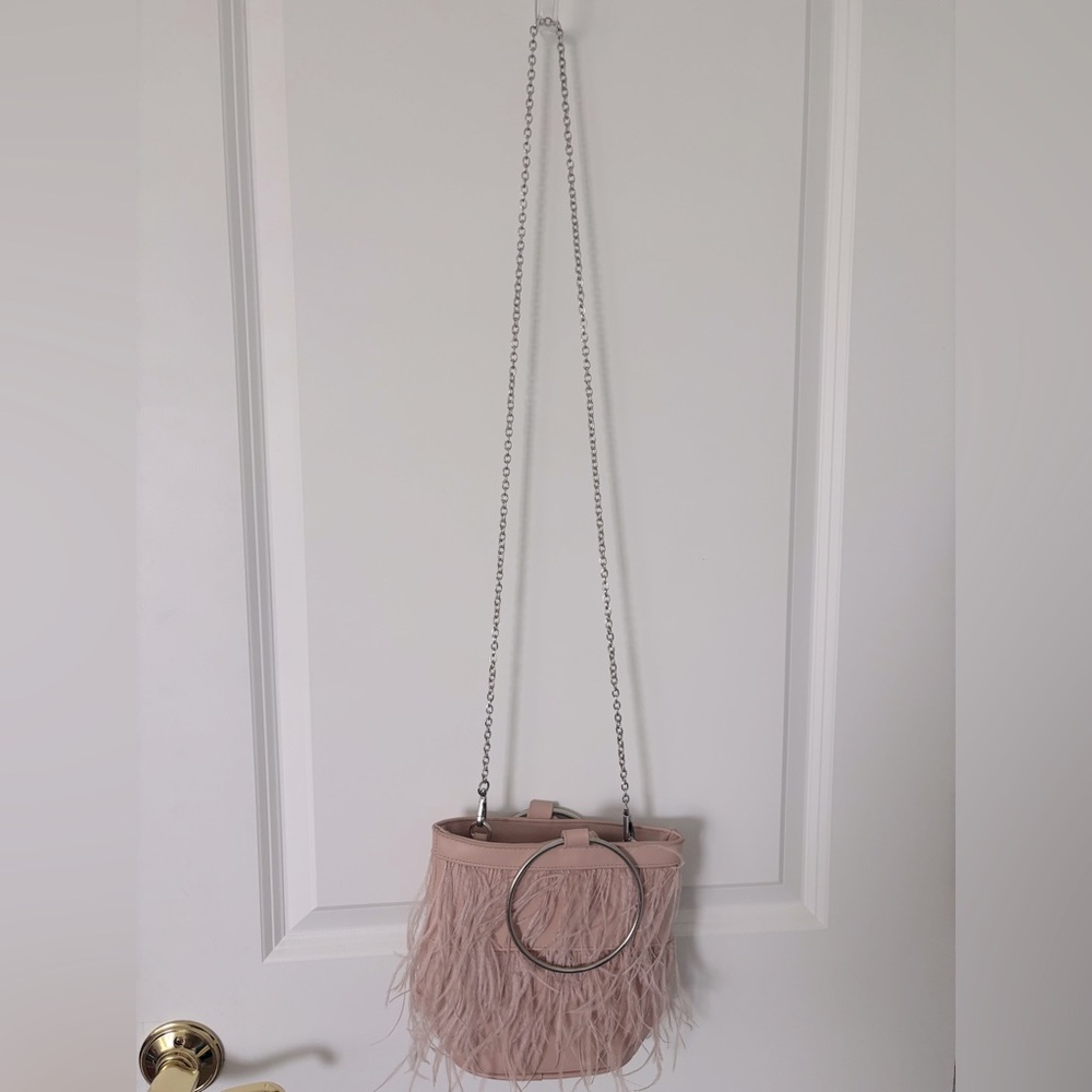 Mauve Pink Feather Fringe Top Handle Cross Body Bucket Purse